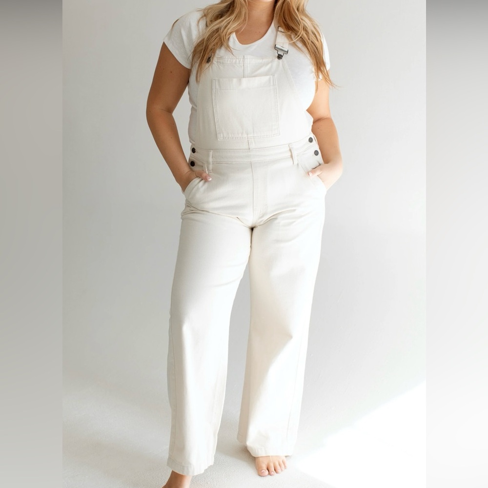 Carly Jean Cream Overalls Wide Leg Jumpsuit 1X